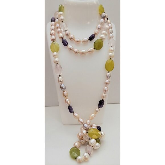 Pearl, Quartz Amethyst Knotted Strand Necklace 60" Long, K129 - Picture 1 of 9